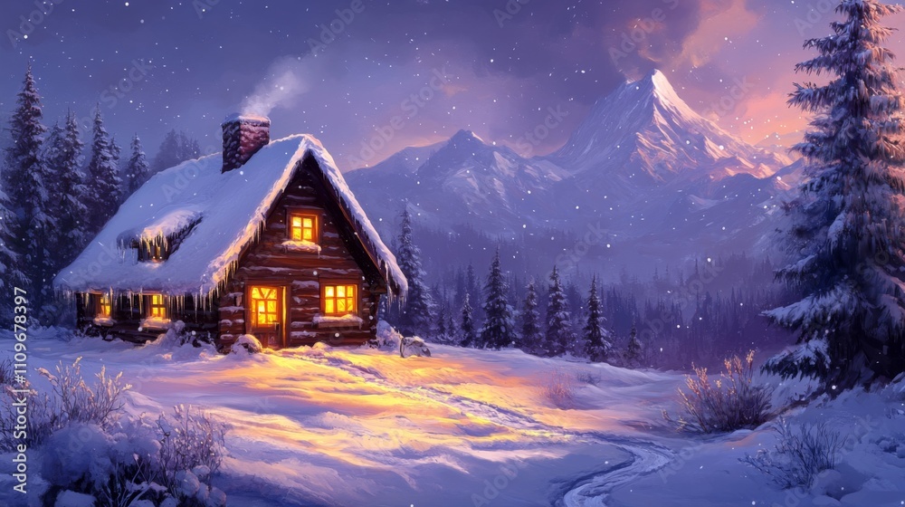 A Cozy Cabin Nestled in a Snowy Mountain Landscape A Cozy Cabin Nestled in a Snowy Mountain Landscape