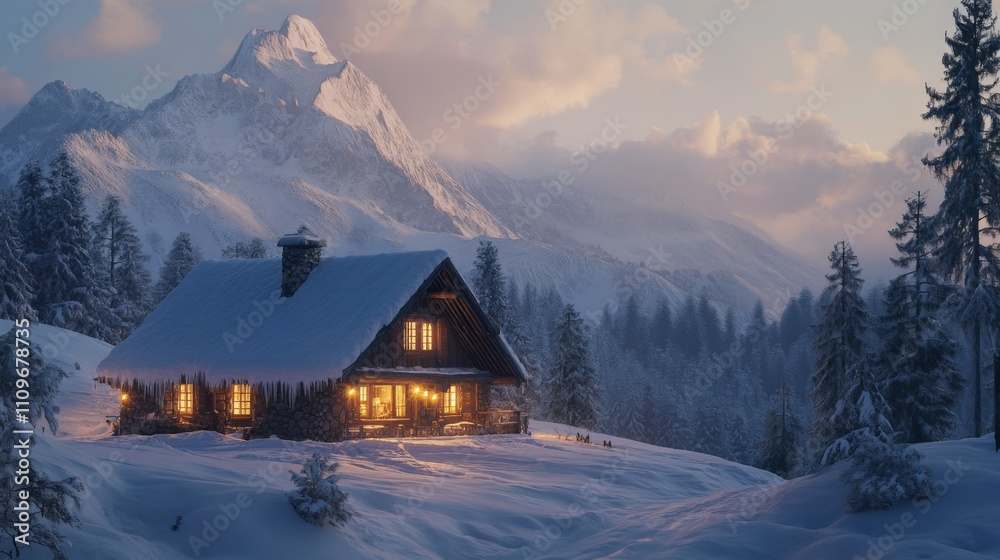 A Cozy Cabin Nestled in a Snowy Mountain Landscape at Twilight A Cozy Cabin Nestled in a Snowy Mountain Landscape at Twilight