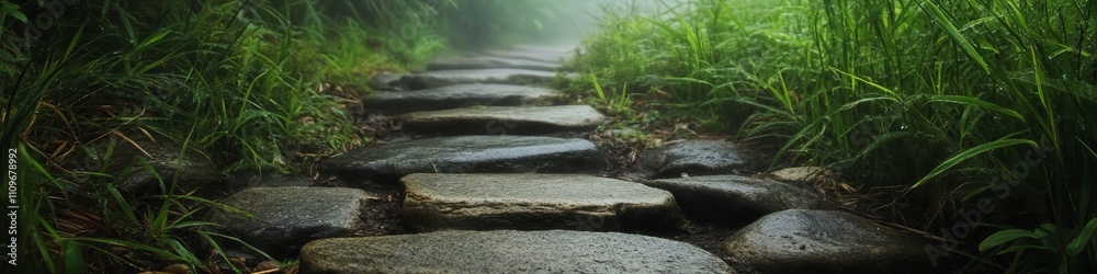 A serene pathway made of stone, surrounded by lush green grass and a mystical fog overhead, perfect for cover banner or header A serene pathway made of stone, surrounded by lush green grass and a mystical fog overhead, perfect for cover banner or header