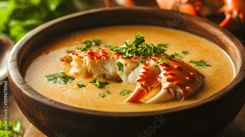 Delightful Presentation of Creamy Crab Bisque with Fresh Herbs in Rustic Bowl