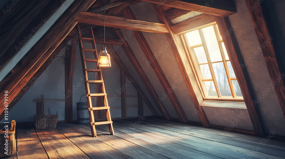 Obraz premium Empty attic room with wooden beams, lantern and ladder, vintage interior design. Obscure. Illustration