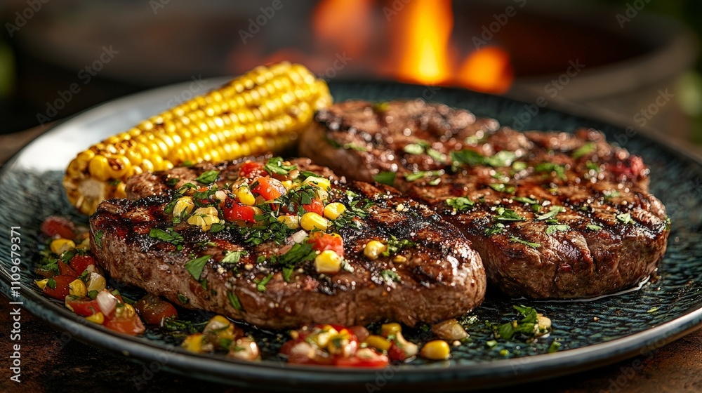A delicious plate featuring grilled steaks and corn, perfect for a summer barbecue. A delicious plate featuring grilled steaks and corn, perfect for a summer barbecue.