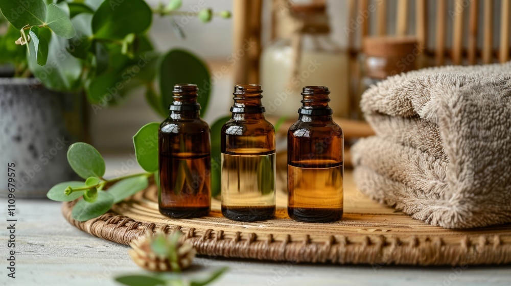 Essential oil bottles with natural spa accessories and greenery Essential oil bottles with natural spa accessories and greenery