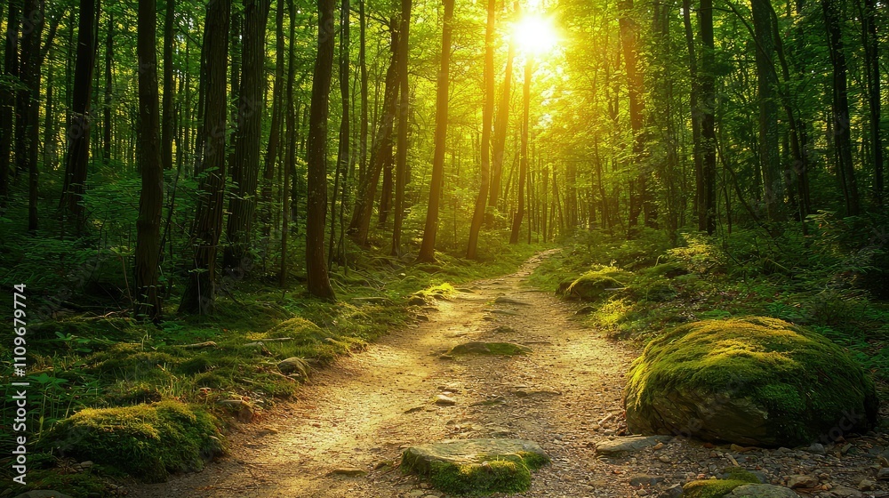 Obraz premium Serene Forest Pathway Through Lush Green Trees with Dappled Sunlight Creating a Tranquil Atmosphere Ideal for Nature Lovers and Outdoor Enthusiasts