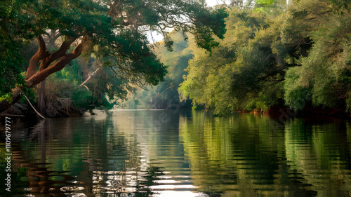Calm river with reflections of overhanging trees. photo