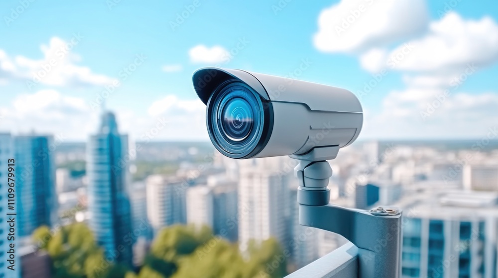 Close-up of Surveillance Camera Overlooking Urban Skyline Close-up of Surveillance Camera Overlooking Urban Skyline