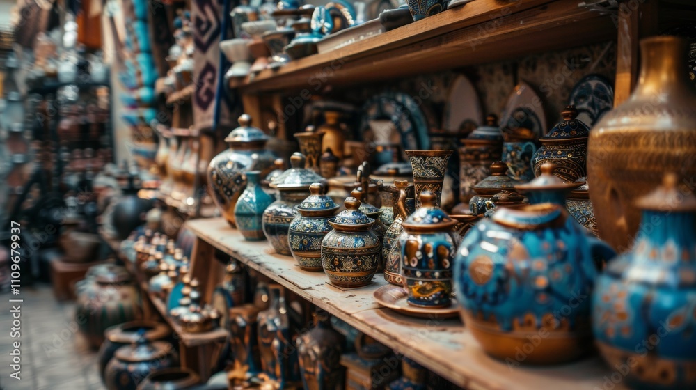 Traditional ceramic pottery in a vibrant market setting Traditional ceramic pottery in a vibrant market setting