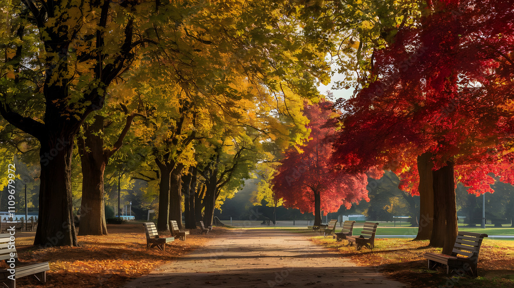 Naklejka premium Autumn park with golden and red foliage.