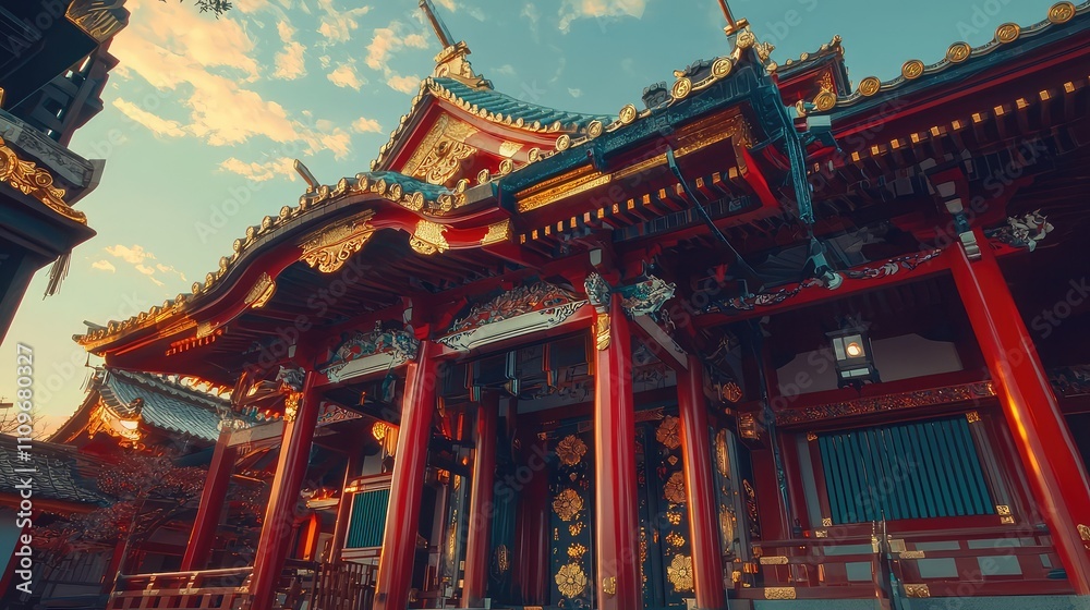 Majestic Traditional Japanese Temple with Vibrant Colors and Intricate Architecture Surrounded by Serene Landscape Under a Cloudy Sky Majestic Traditional Japanese Temple with Vibrant Colors and Intricate Architecture Surrounded by Serene Landscape Under a Cloudy Sky