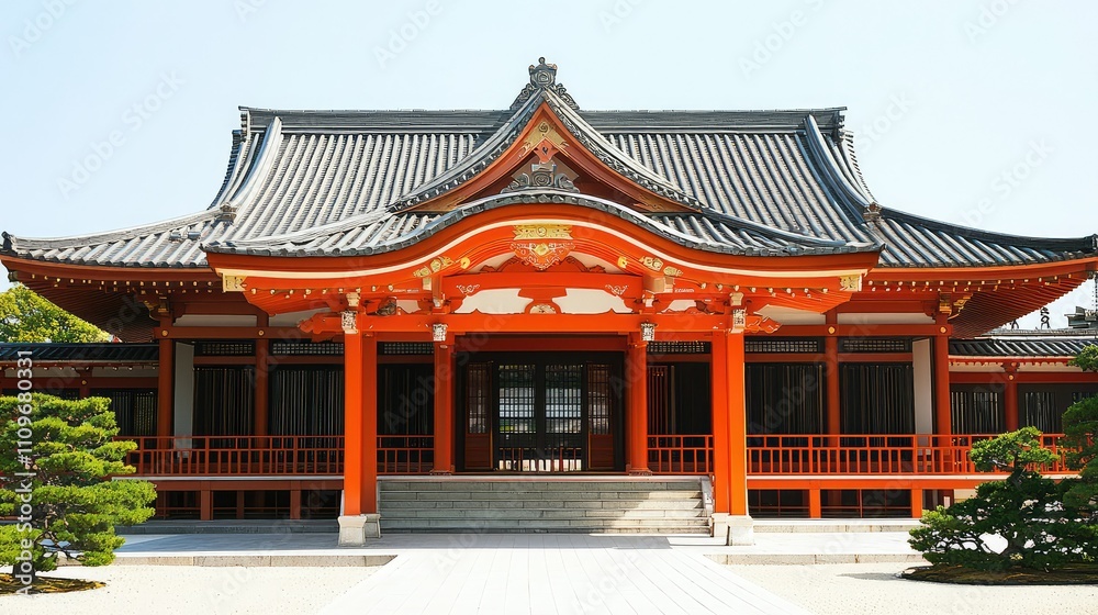 Traditional Asian Architecture of a Beautiful Temple with Ornate Red and Gold Details Surrounded by Lush Greenery and Clear Blue Sky Traditional Asian Architecture of a Beautiful Temple with Ornate Red and Gold Details Surrounded by Lush Greenery and Clear Blue Sky