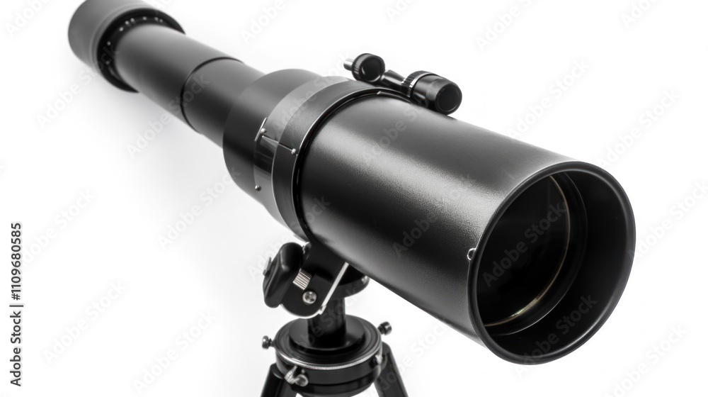 A Close-Up of a Black Refracting Telescope on a Tripod Against a White Background A Close-Up of a Black Refracting Telescope on a Tripod Against a White Background