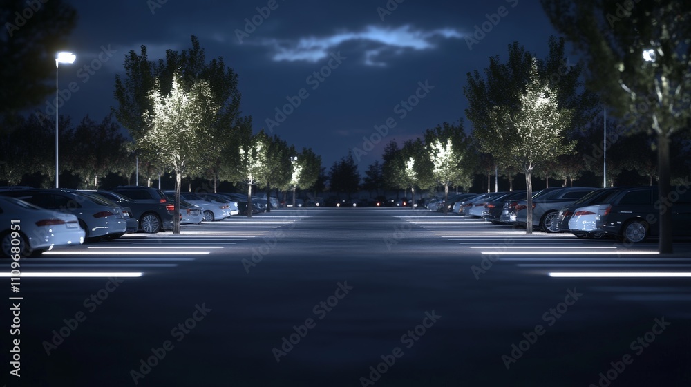 Nighttime parking lot, cars parked, trees, lights. Nighttime parking lot, cars parked, trees, lights.