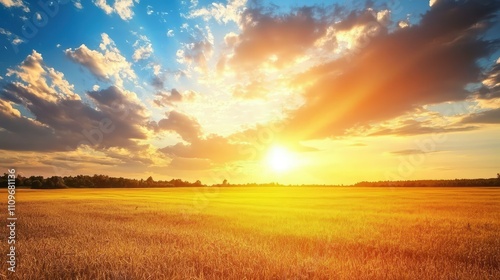 Golden Sunset Over a Vast Field with Dramatic Clouds and Vibrant Sky Colors Illuminating the Landscape in Warm Light During the Evening Hours