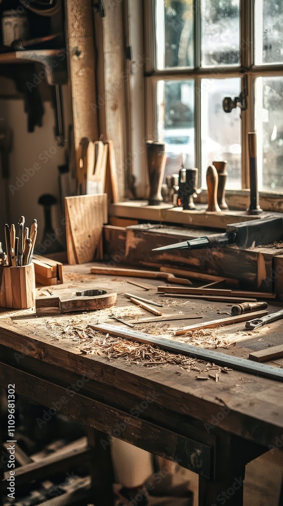 Rustic Woodworking Shop Interior with Handcrafted Tools and Wood Shavings on Workbench Surrounded by Natural Light from Window Rustic Woodworking Shop Interior with Handcrafted Tools and Wood Shavings on Workbench Surrounded by Natural Light from Window