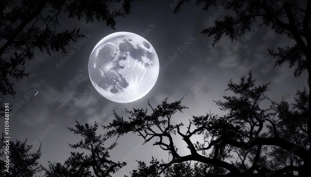 Naklejka premium Crescent moon shining through silhouetted branches, eerie, mystical, eerie