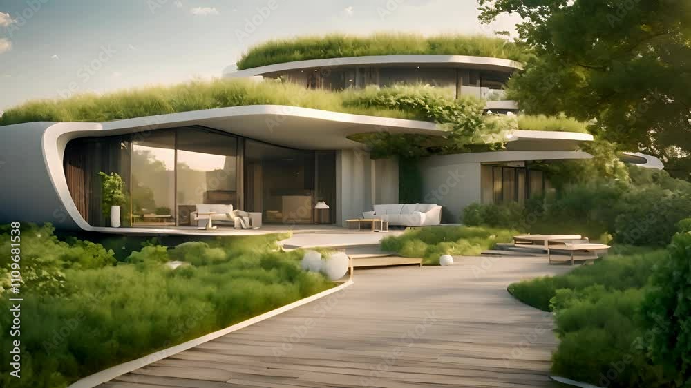 A futuristic house with a green roof and a modern interior A futuristic house with a green roof and a modern interior