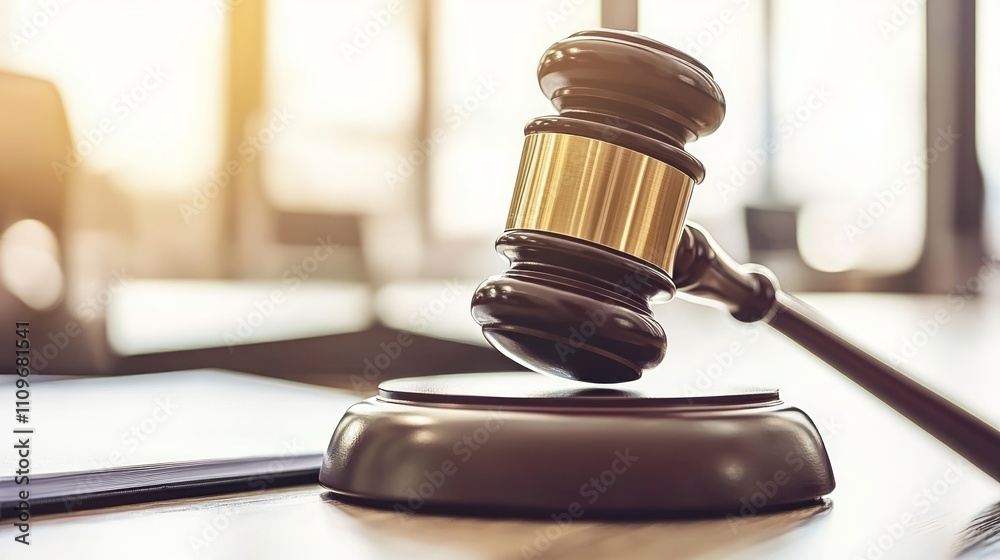 Gavel on Sound Block in Courtroom Setting, Justice Symbol Gavel on Sound Block in Courtroom Setting, Justice Symbol