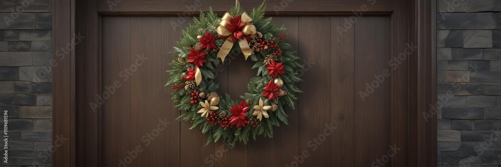 Festive holiday wreath hanging on a wooden door with red and gold accents, decoration, red Festive holiday wreath hanging on a wooden door with red and gold accents, decoration, red