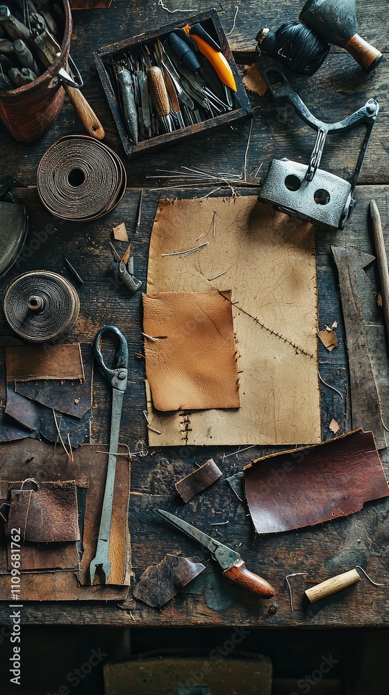 A Rustic Workspace with Leather Crafting Tools on a Wooden Table, Featuring Various Textures, Colors, and Equipment in an Artisan Environment A Rustic Workspace with Leather Crafting Tools on a Wooden Table, Featuring Various Textures, Colors, and Equipment in an Artisan Environment