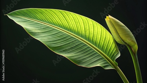 A single banana leaf unfurls from a tight bud its gradual reveal adding an element of surprise and beauty to the image, budreveal, outdoor scene, gentle movement, bananalifeunfurl photo