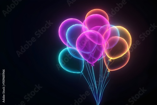 An electrifying neon wireframe representation of balloons for the exciting 2022 balloon drop set against a black backdrop.