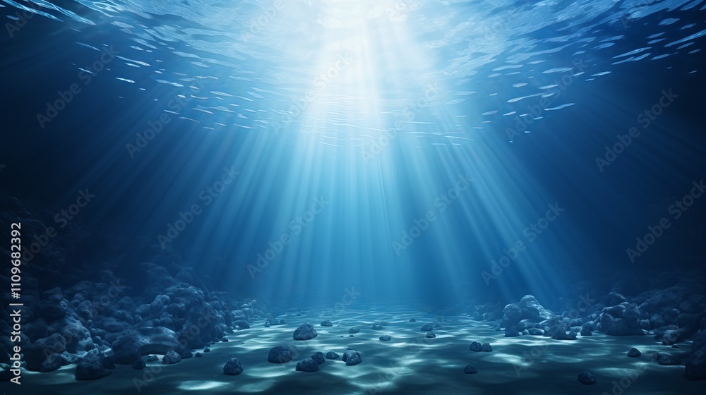 Fototapeta premium Mystical underwater world illuminated by rays of sunlight through the ocean surface. Generative AI