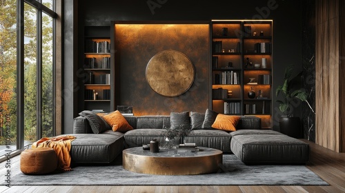 Wallpaper Mural Modern living room with sectional sofa, built-in bookshelves, large window, and metallic accents. Torontodigital.ca