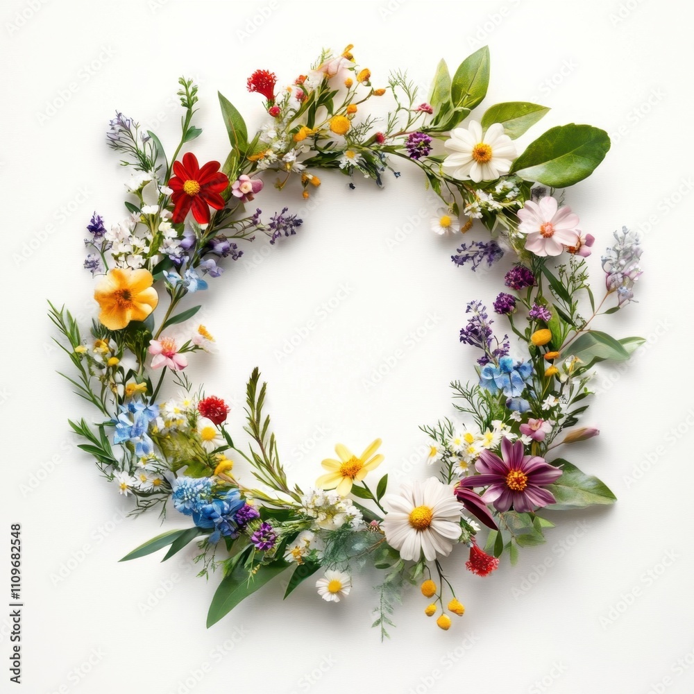 Spring floral round frame with copy space made of multicolored different wild flowers in rainbow palette. Abstract wreath.
Spring floral round frame with copy space made of multicolored different wild flowers in rainbow palette. Abstract wreath.