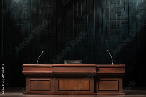 Empty courtroom table waiting for a deliberation at twilight. Generative AI