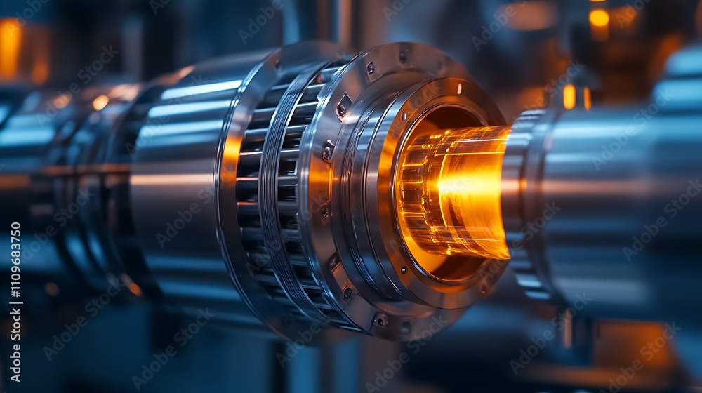 Close-up of industrial machinery with glowing core. Close-up of industrial machinery with glowing core.