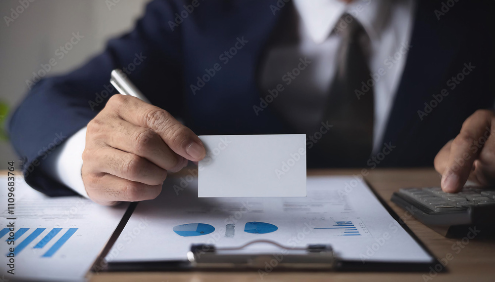 Professional accountant reviewing financial reports while preparing a mock-up business card on the desk in an office setting Professional accountant reviewing financial reports while preparing a mock-up business card on the desk in an office setting