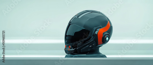 3D render of a futuristic helmet resting on a clean glass table photo