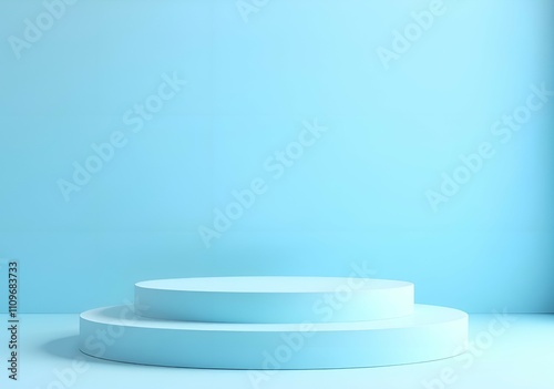 Round podium with empty place for your product. Light blue background.