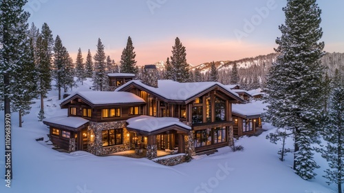 Wallpaper Mural A Cozy Cabin in a Snowy Mountain Landscape at Sunset Torontodigital.ca