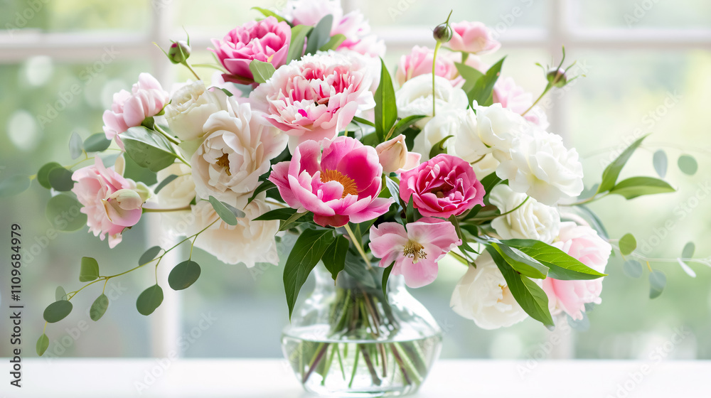 Rich bunch of pink peonies and white eustoma roses: Fresh spring bouquet in a glass vase with a summer background. Rich bunch of pink peonies and white eustoma roses: Fresh spring bouquet in a glass vase with a summer background.