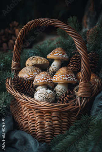 A basket of forest mushrooms and pine cones, product photography, moody, macro shot, boho-style, rustic