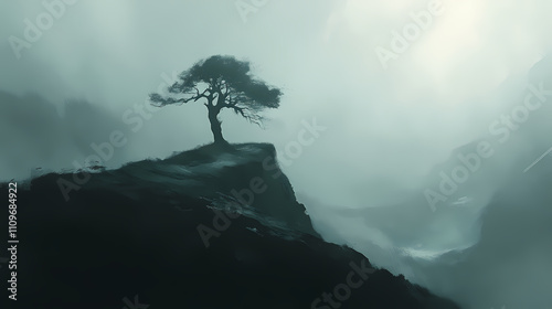 A lone tree standing on a hilltop, enveloped in a swirling mist that obscures the surrounding landscape, creating a haunting and evocative scene. Obscure. Illustration photo