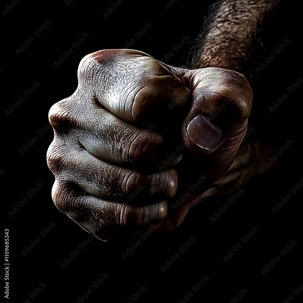 Close-up of a clenched fist against a black background. Close-up of a clenched fist against a black background.