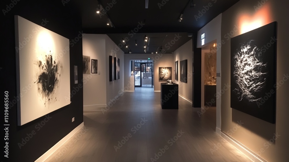 Modern art gallery, minimalist monochrome paintings. Modern art gallery, minimalist monochrome paintings.