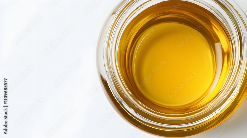 Realistic close-up of argan oil in a small glass jar with a lid on a white background Realistic close-up of argan oil in a small glass jar with a lid on a white background