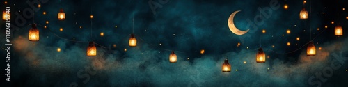A serene night sky adorned with glowing lanterns and a crescent moon, creating a magical ambiance, perfect for cover banner or header