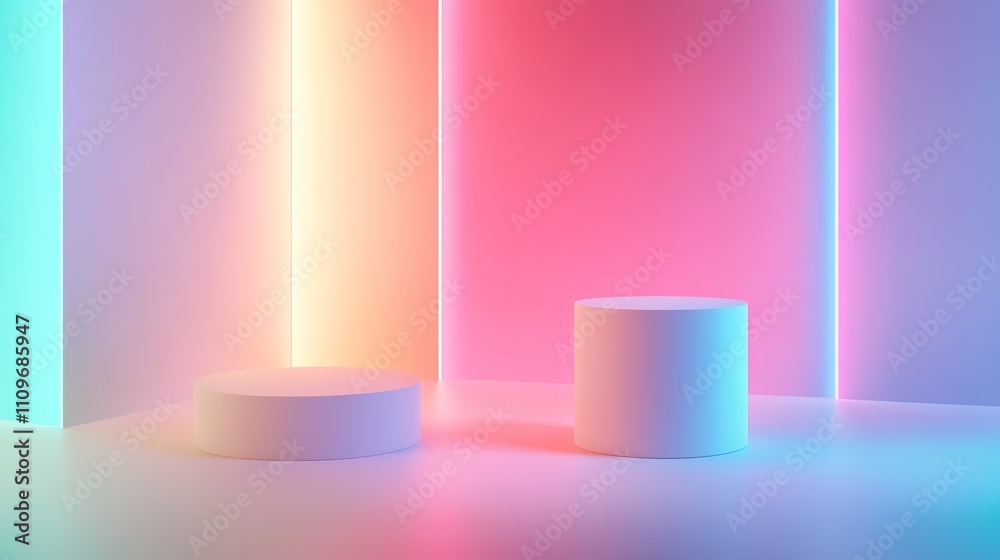Pastel neon lights illuminate two white cylinders. Pastel neon lights illuminate two white cylinders.
