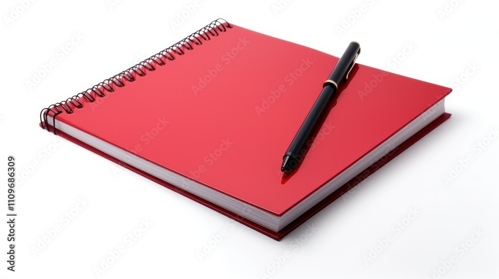 Red Spiral Notebook and Black Pen on White Background Red Spiral Notebook and Black Pen on White Background