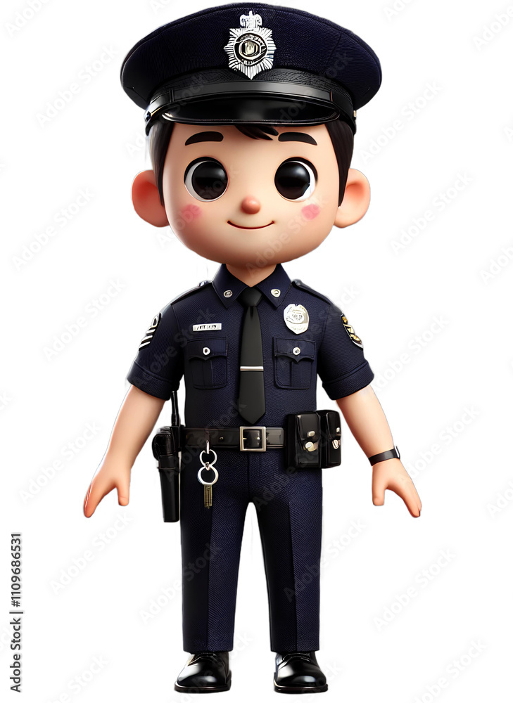 A friendly cartoon police officer in a dark blue uniform with a hat, smiling confidently. A friendly cartoon police officer in a dark blue uniform with a hat, smiling confidently.