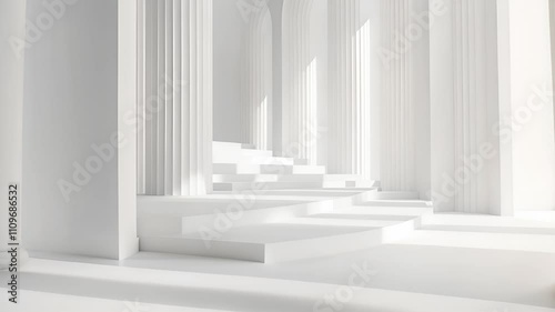 3D rendering of a white classical interior with podiums and columns