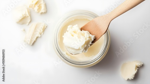 Realistic arrangement of shea butter being scooped with a spatula from a jar on a white background, highlighting its smooth, creamy consistency and rich texture
