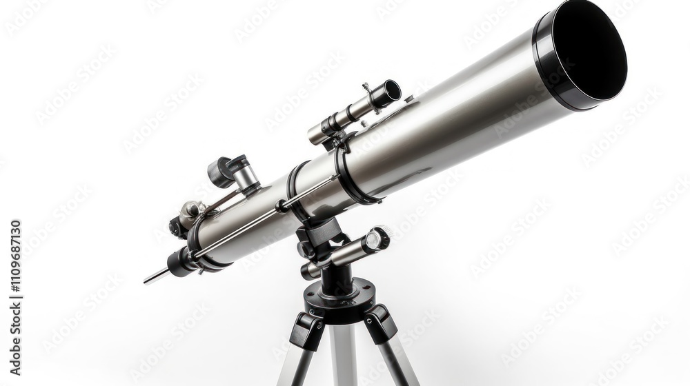 A Detailed Close-up of a Sleek Refracting Telescope on a Tripod Against a White Background A Detailed Close-up of a Sleek Refracting Telescope on a Tripod Against a White Background