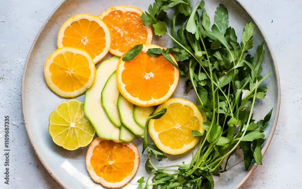 A platter featuring sliced citrus fruits alongside leafy herbs. A platter featuring sliced citrus fruits alongside leafy herbs.