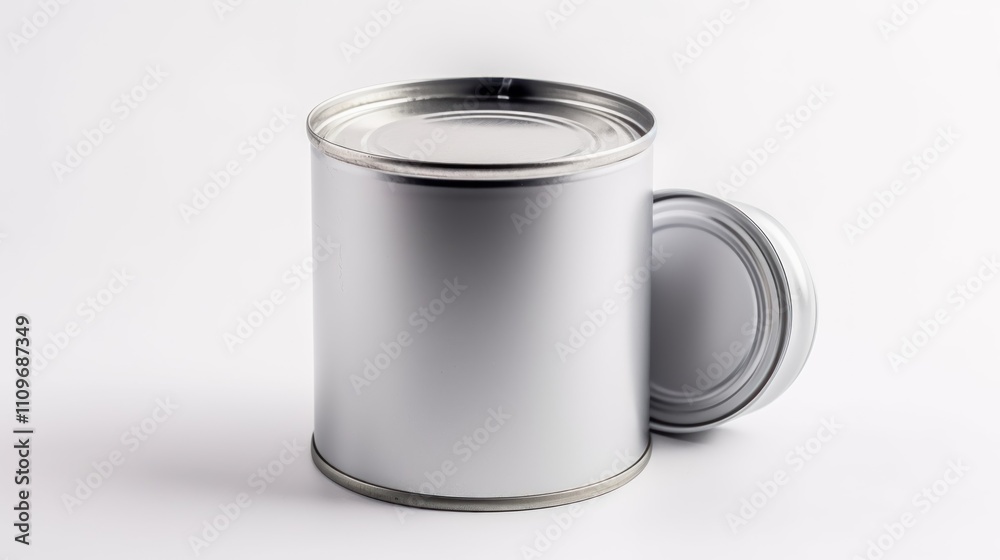 A Closed Silver Can with its Lid Slightly Aside on a White Background A Closed Silver Can with its Lid Slightly Aside on a White Background