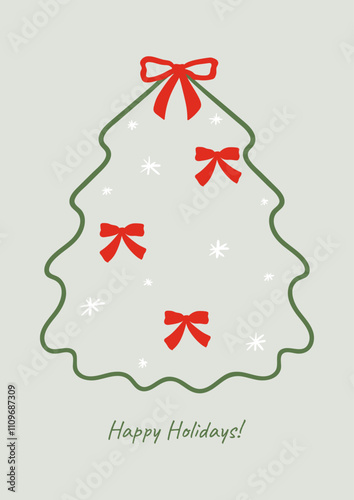 Minimalist vector illustration of christmas tree with red bows and snowflakes. Holiday winter greeting card